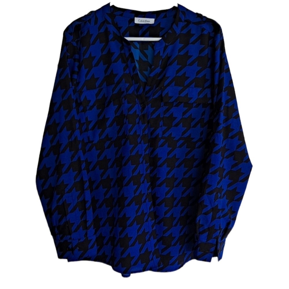 Calvin Klein blue/black geometric blouse, Large